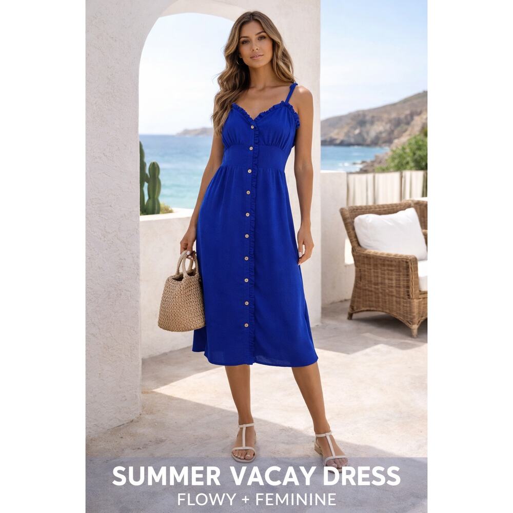 Cobalt Blue Ruffle Button Front Midi Dress Small Adjustable Strap